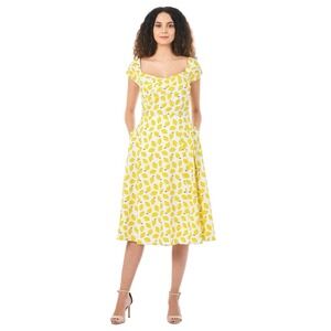 Eshakti Womens Sweetheart Lemon Print Cotton Dress Sz L Yellow Amalfi Summer